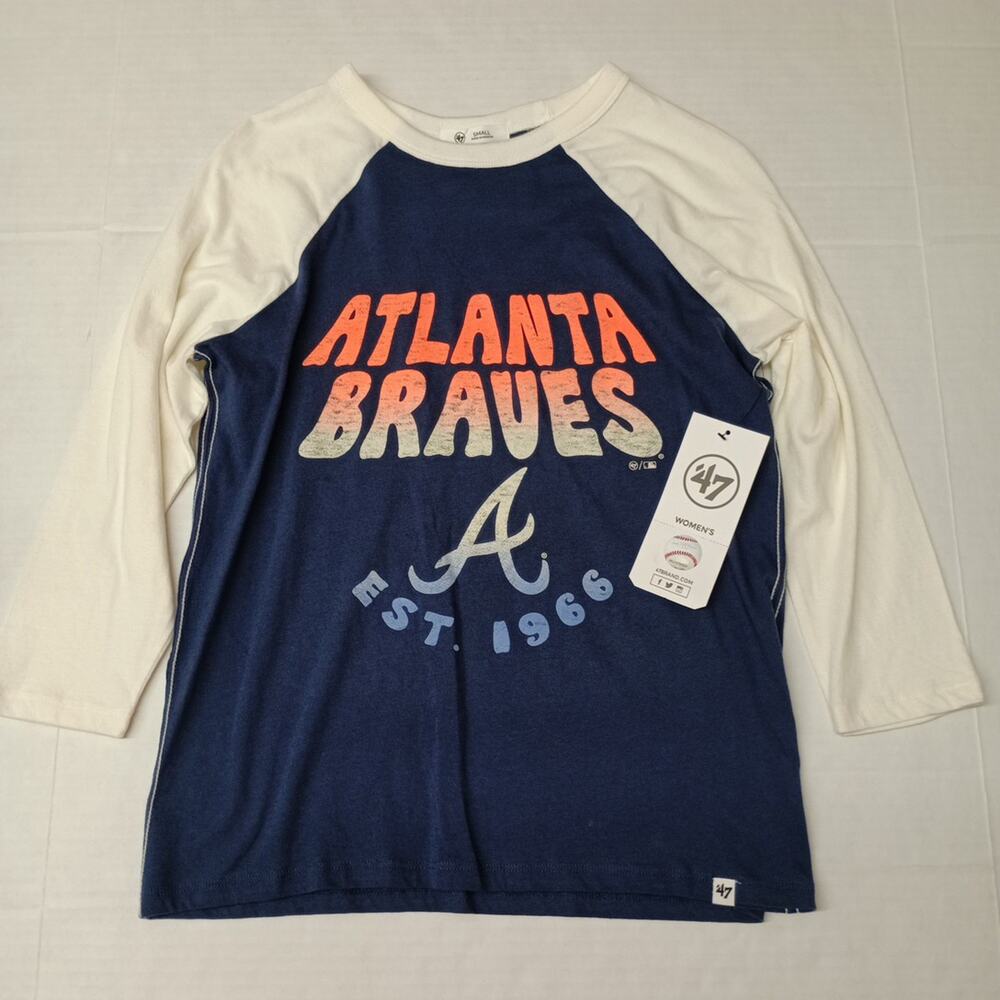 ATLANTA BRAVES Women's 3/4 Sleeve Tee Shirt S Small Atlas Blue Licensed NWT